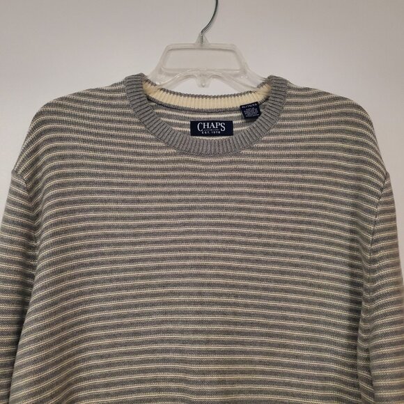 NWOT Chaps Sweater Crew Neck Heather Gray/White Striped Mens Size Large‎ NEW - Picture 3 of 12